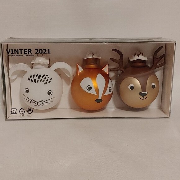 Ikea Vinter Animal Christmas Balls Decoration, set of 3, Fox Bunny Deer, New - Picture 1 of 7
